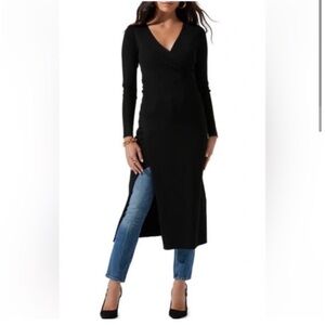 ASTR Minimalist Rib Knit Deep V Wrap Front Maxi Length Side Slit Sweater Dress M